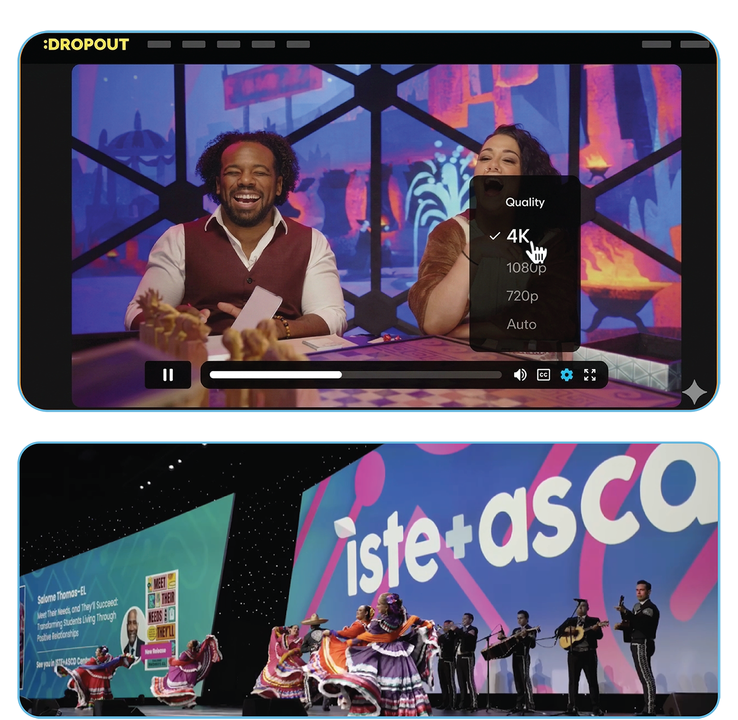 Illustration of virtual conference sessions and online learning experience